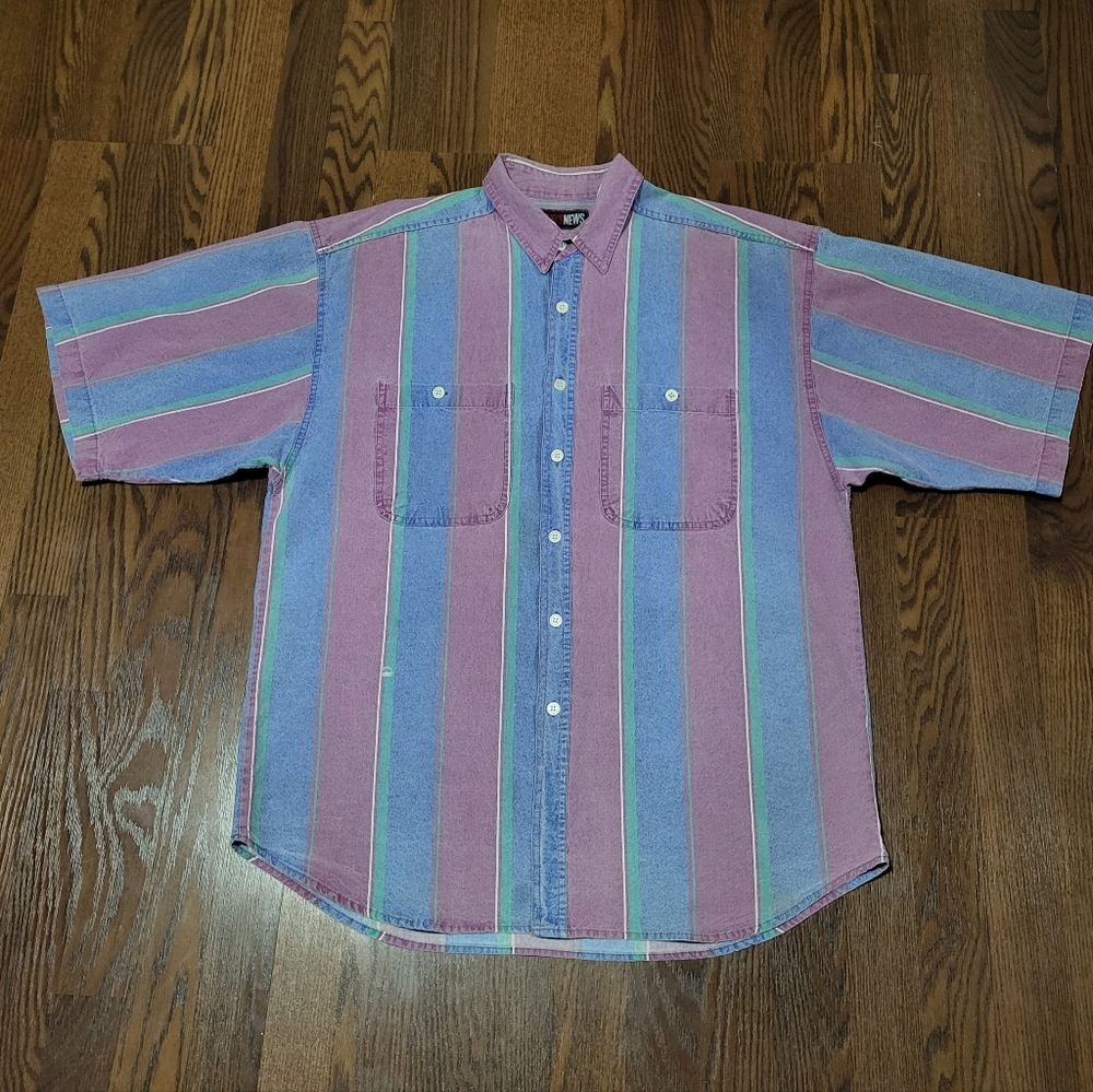 SUPER COOL Mens TODAYS NEWS Vintage 90's Y2K Faded Pastel Stripes Button-down XL